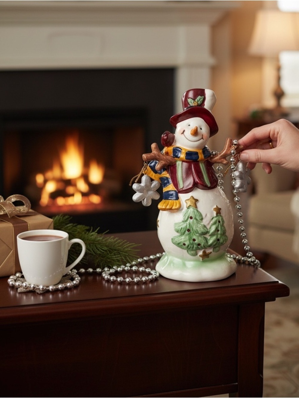 Festive Snowman Figurine Ceramic with Red Hat & Green Scarf Christmas EUC